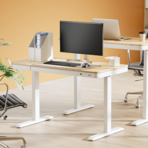 ERGONEX height-adjustable sit-stand desk with white frame and light wood top, featuring built-in control panel, USB ports, and under-desk drawer – ideal for modern home or office workspaces in Mauritius