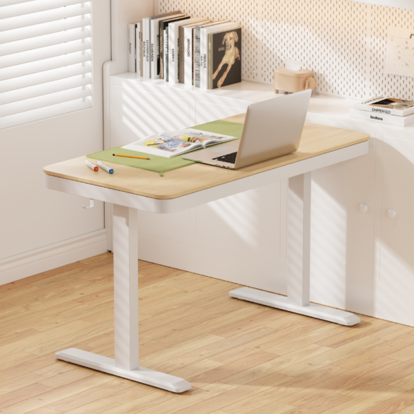 ERGONEX height-adjustable sit-stand desk with white frame and light wood top, featuring built-in control panel, USB ports, and under-desk drawer – ideal for modern home or office workspaces in Mauritius