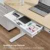 ERGONEX height-adjustable sit-stand desk with white frame and light wood top, featuring built-in control panel, USB ports, and under-desk drawer – ideal for modern home or office workspaces in Mauritius