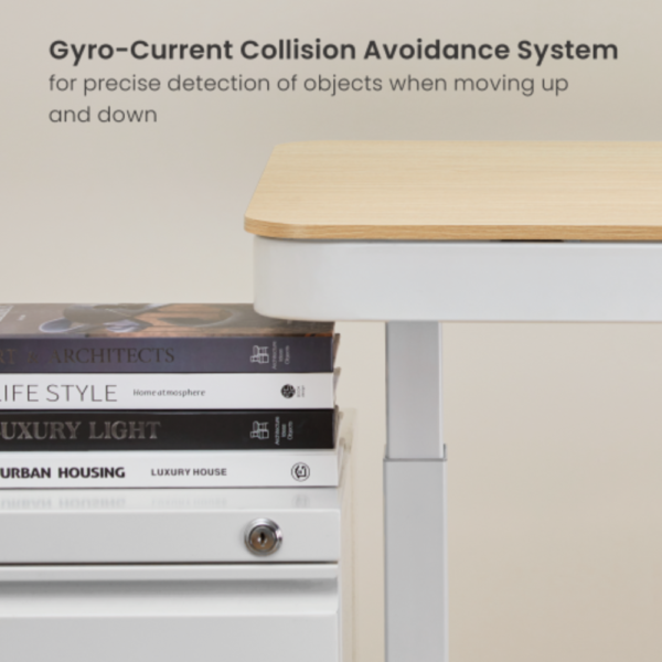 ERGONEX height-adjustable sit-stand desk with white frame and light wood top, featuring built-in control panel, USB ports, and under-desk drawer – ideal for modern home or office workspaces in Mauritius