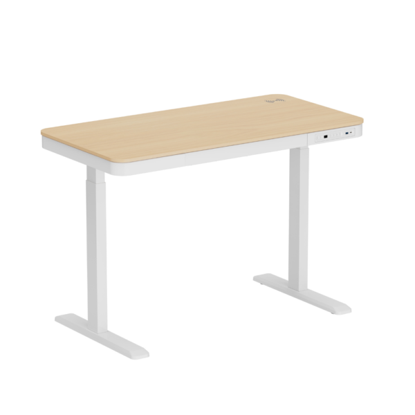 ERGONEX height-adjustable sit-stand desk with white frame and light wood top, featuring built-in control panel, USB ports, and under-desk drawer – ideal for modern home or office workspaces in Mauritius