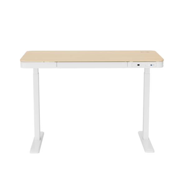 ERGONEX height-adjustable sit-stand desk with white frame and light wood top, featuring built-in control panel, USB ports, and under-desk drawer – ideal for modern home or office workspaces in Mauritius