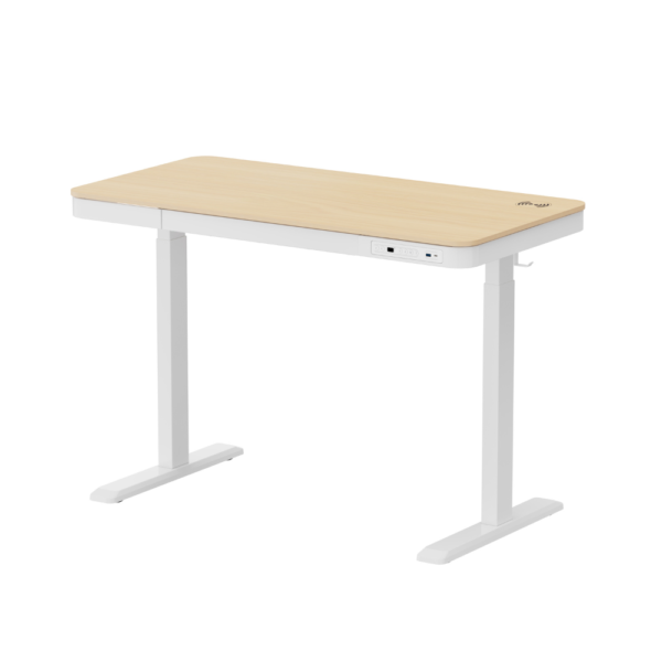 ERGONEX height-adjustable sit-stand desk with white frame and light wood top, featuring built-in control panel, USB ports, and under-desk drawer – ideal for modern home or office workspaces in Mauritius